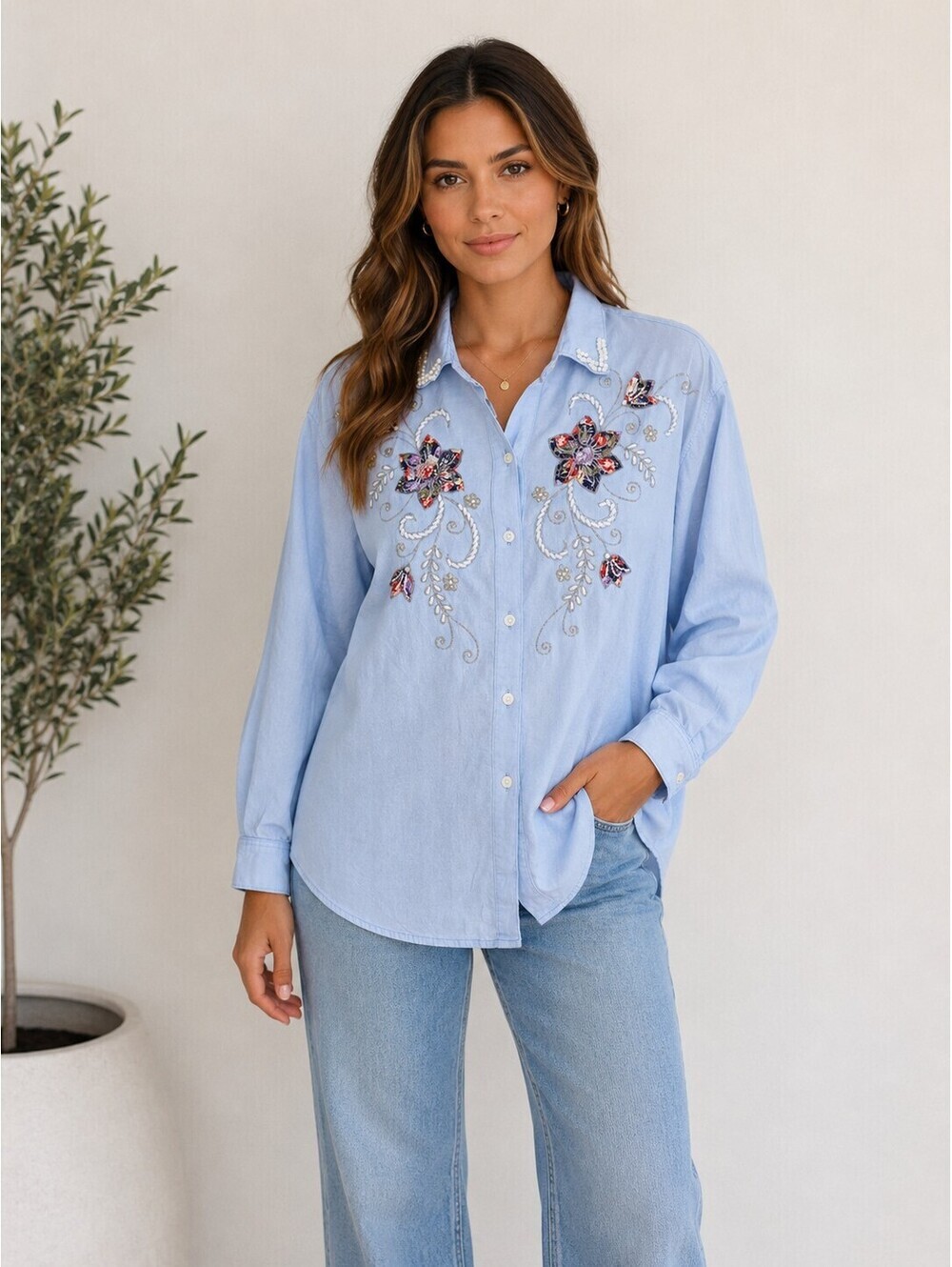 Casual Corner &Co Embroidered Floral Button Front Shirt Blue Cotton Pearl Beaded